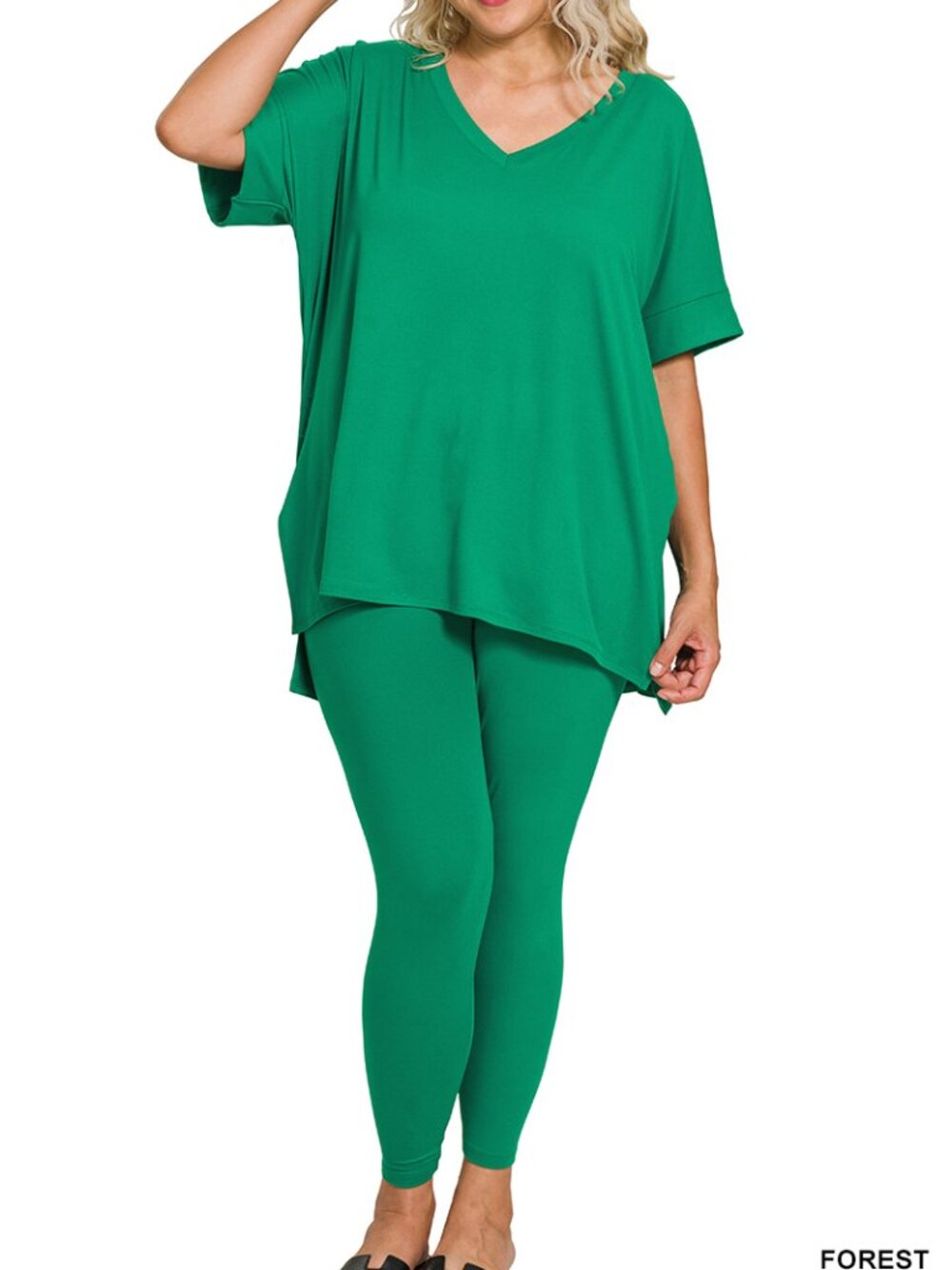 Zenana brushed dty microfiber 2-piece loungewear set Forest Green 1X-2X-3X